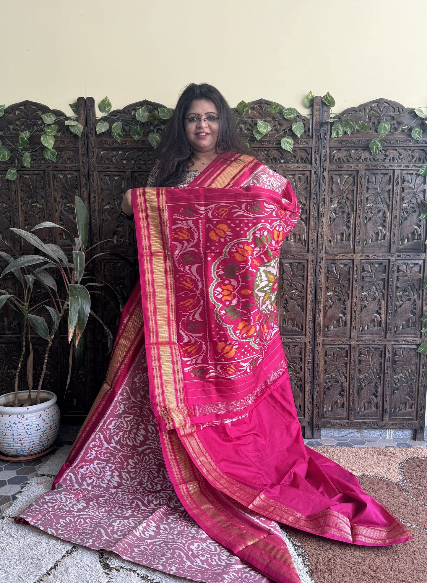 Ikkat Pattu Saree Onion Pink colored complemented with a Kanchi border. - Sampradaya Designer Studio
