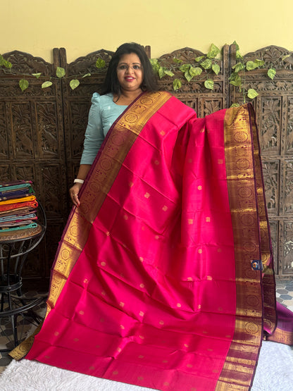 Pure Kanjivaram Silk Saree Barbie Pink Colored Elegantly Paid with a Gold Zari Border