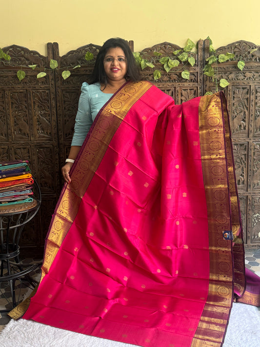 Pure Kanjivaram Silk Saree Barbie Pink Colored Elegantly Paid with a Gold Zari Border