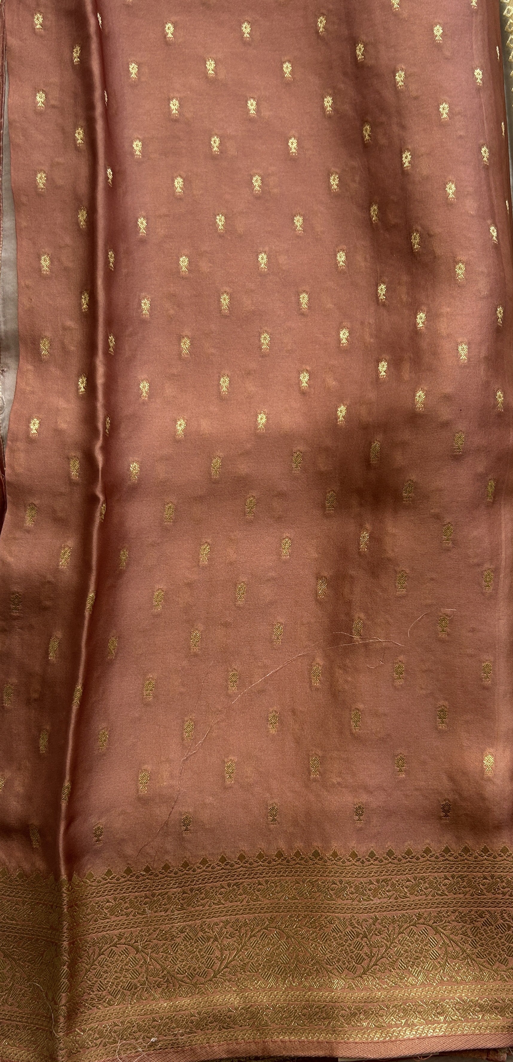 Pure Banarasi Crepe Silk Saree Melon Colored Complemented with a Zari border. - Sampradaya Designer Studio