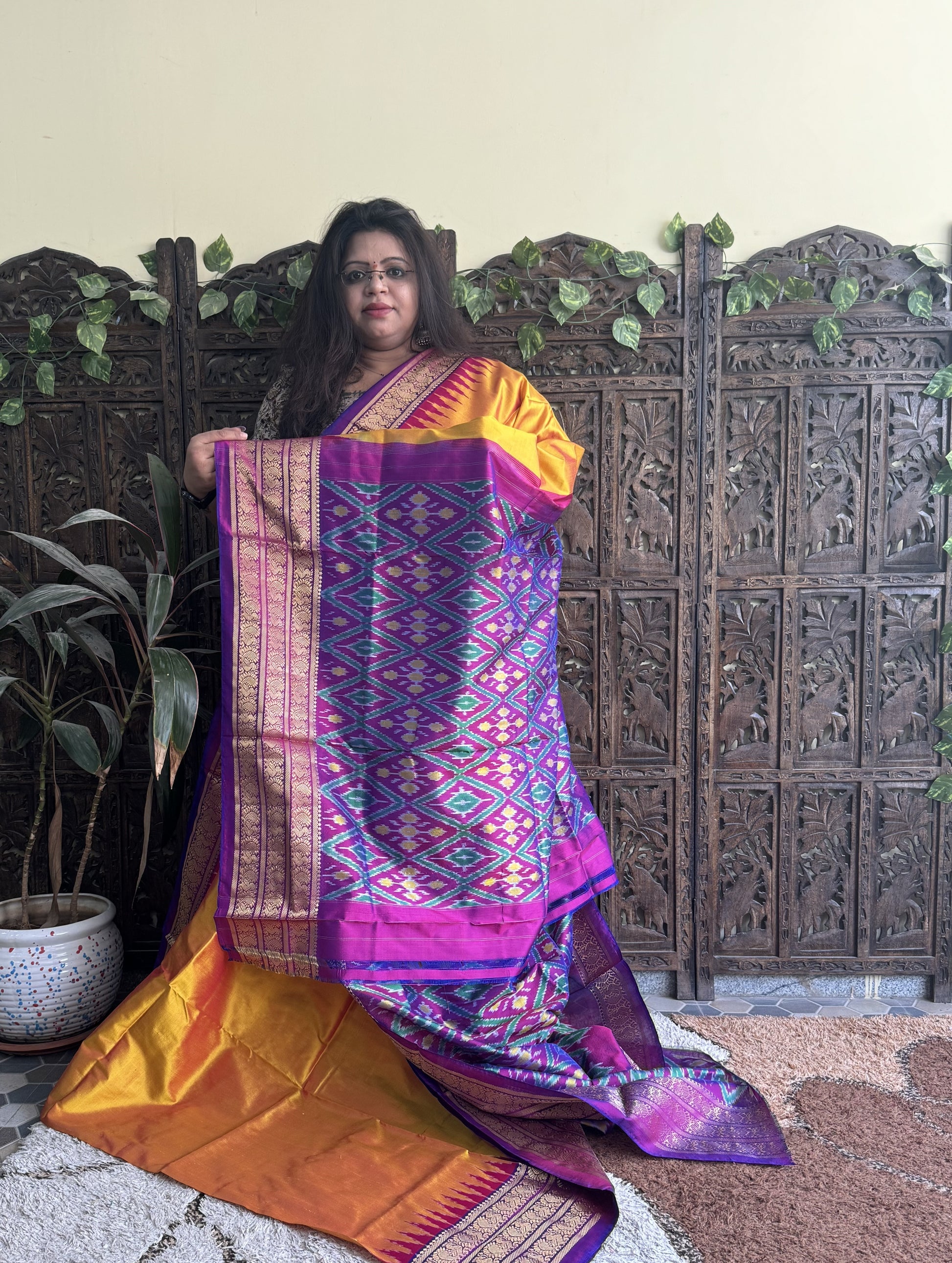Ikkat Pattu Saree Mustard Yellow colored complemented with a Kanchi border. - Sampradaya Designer Studio