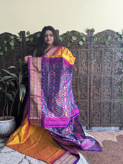 Ikkat Pattu Saree Mustard Yellow colored complemented with a Kanchi border. - Sampradaya Designer Studio