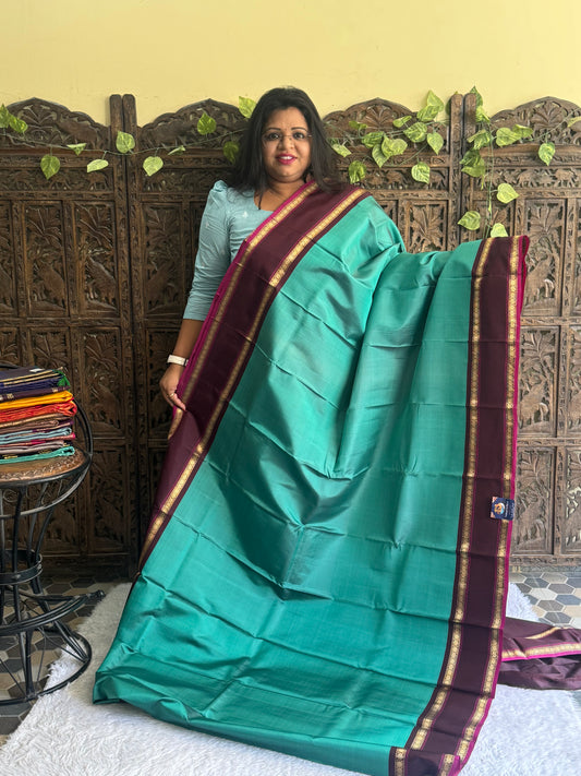 Pure Kanjivaram Silk Saree Teal Blue Colored Elegantly Paid with a Gold Zari Border.