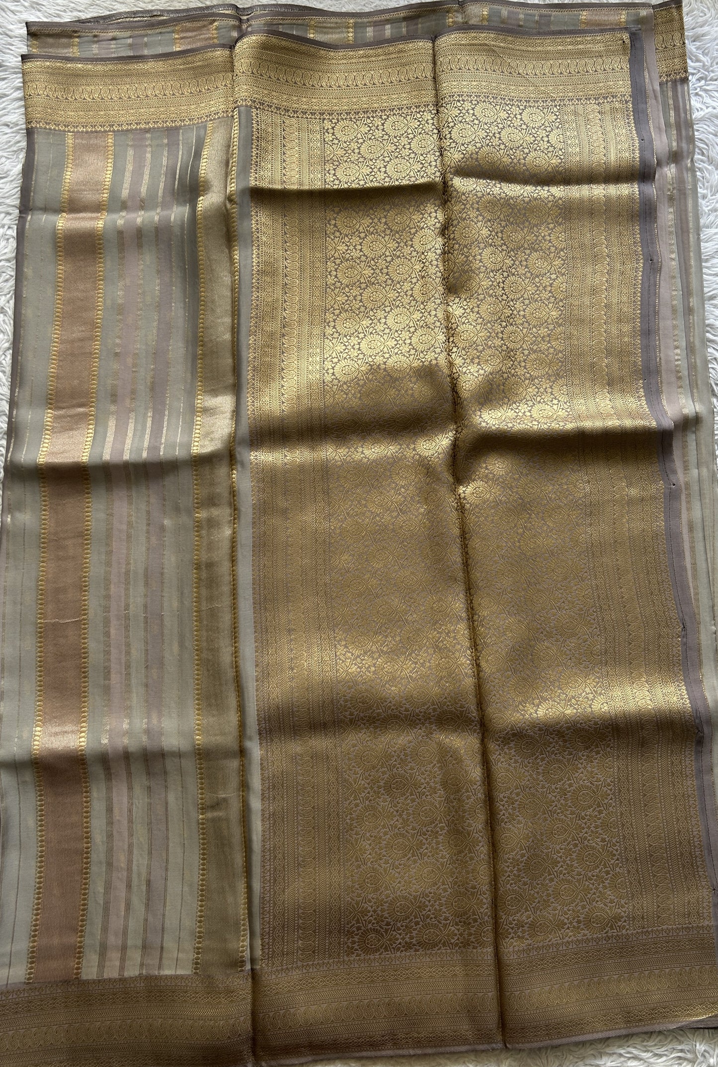 Pure Banarasi Crepe Silk Saree Light Gray Colored Complemented with a Zari border. - Sampradaya Designer Studio