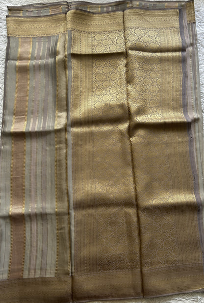 Pure Banarasi Crepe Silk Saree Light Gray Colored Complemented with a Zari border. - Sampradaya Designer Studio