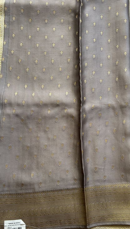 Pure Banarasi Crepe Silk Saree Light Gray Colored Complemented with a Zari border. - Sampradaya Designer Studio
