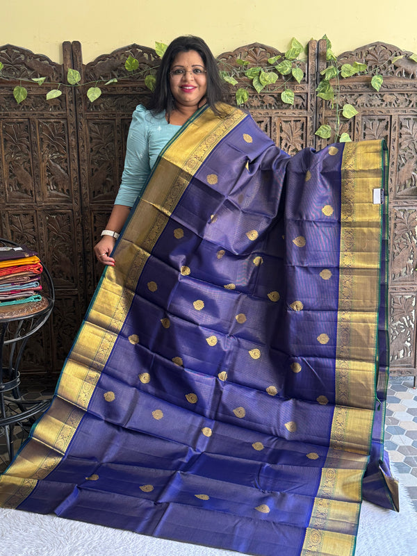 Pure Kanjivaram Silk Saree Royal Blue Colored Elegantly Paid with a Gold Zari Border - Sampradaya Designer Studio
