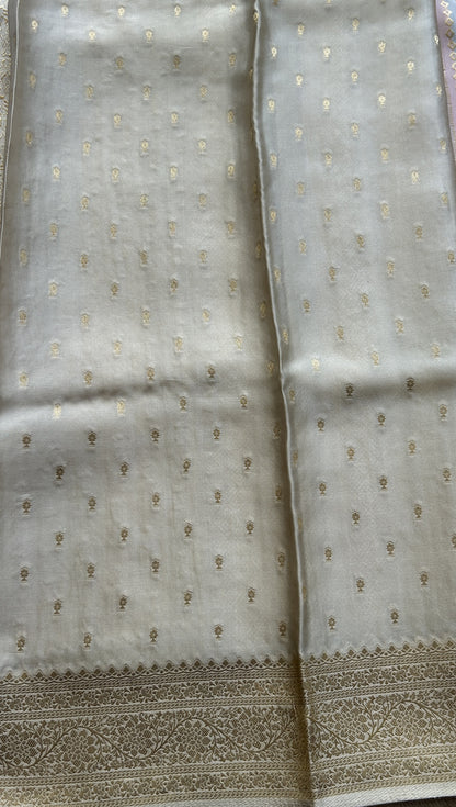 Pure Banarasi Crepe Silk Saree Light Peach Colored Complemented with a Zari border. - Sampradaya Designer Studio