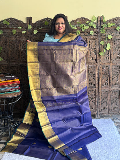 Pure Kanjivaram Silk Saree Royal Blue Colored Elegantly Paid with a Gold Zari Border