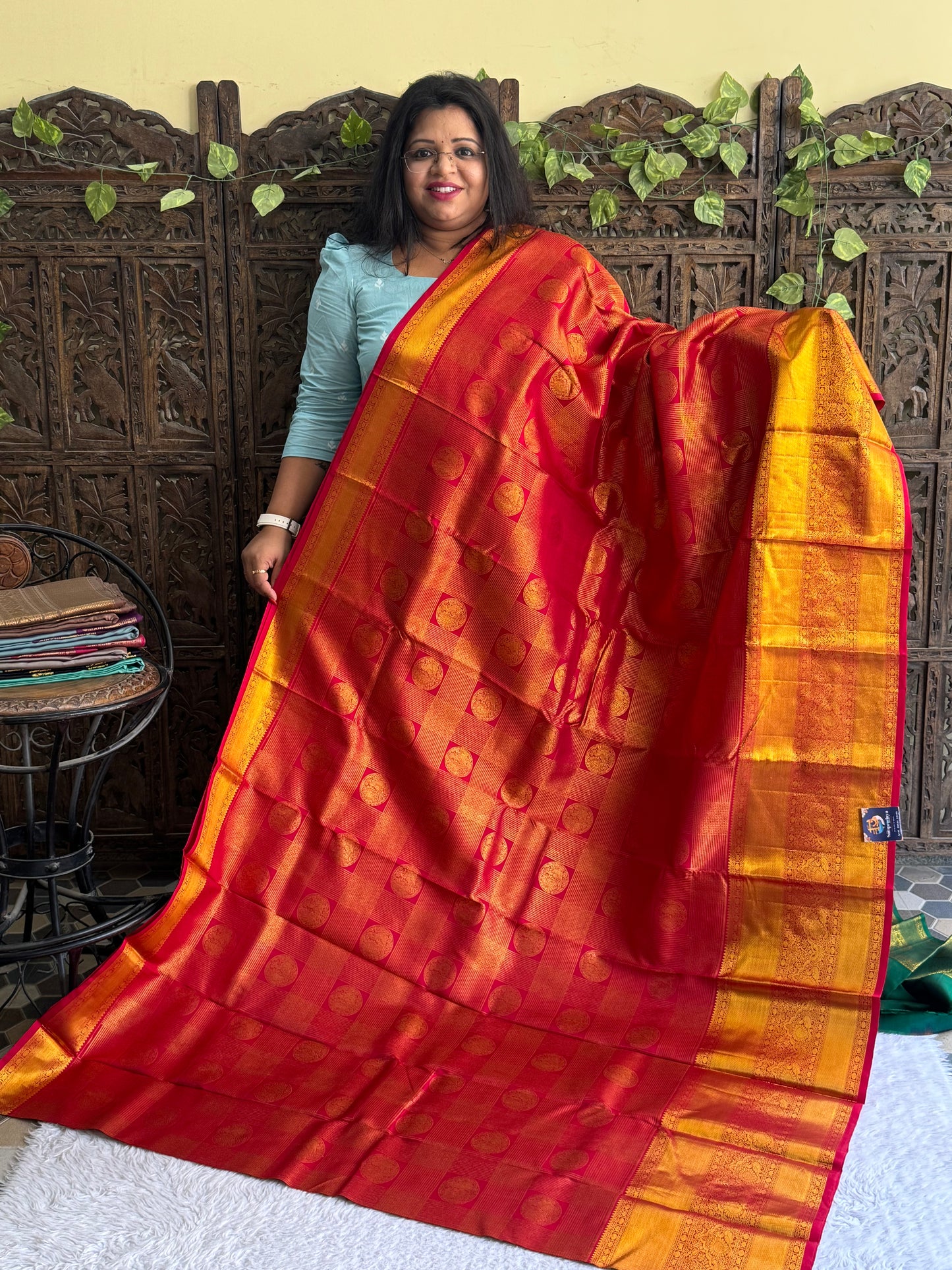 Pure Kanjivaram Silk Saree Dark Red Colored Elegantly Paid with a Gold Zari Border