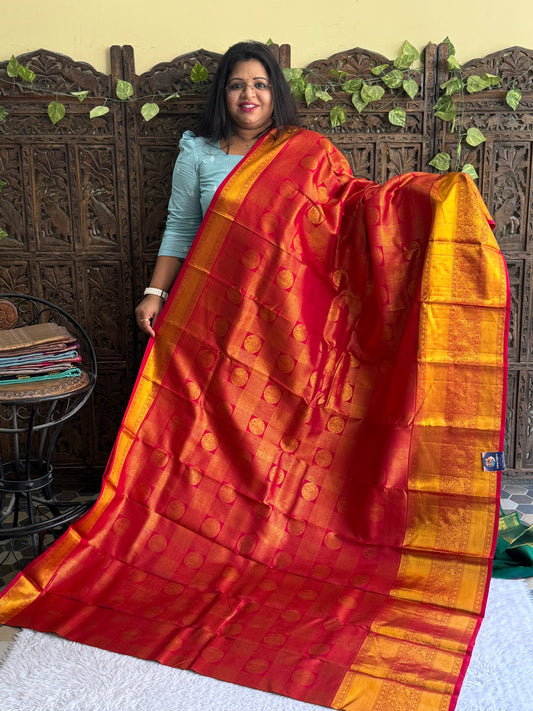 Pure Kanjivaram Silk Saree Dark Red Colored Elegantly Paid with a Gold Zari Border