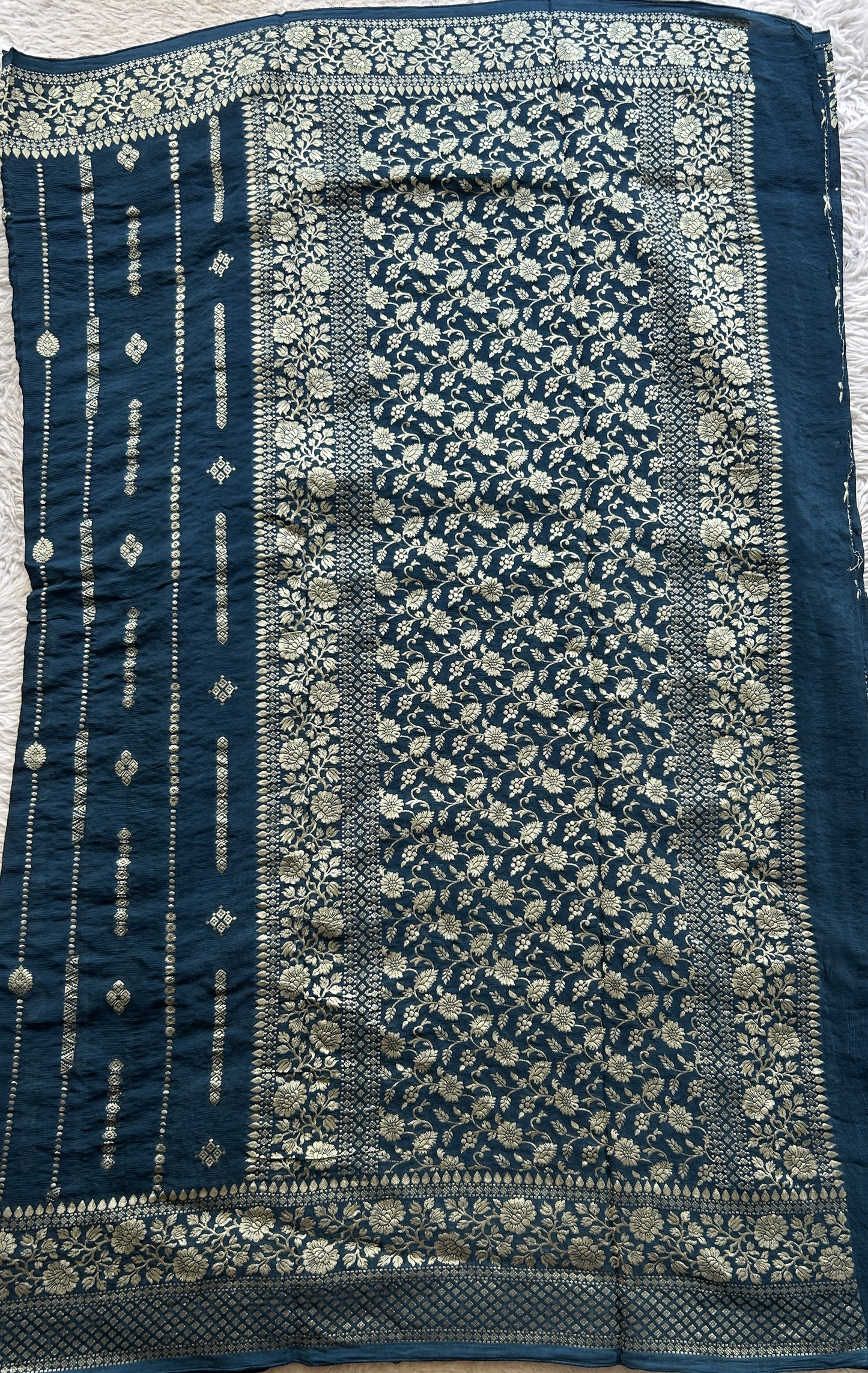 Semi Georgette Saree Peacock Blue Colored Paired with a Zari Border. - Sampradaya Designer Studio
