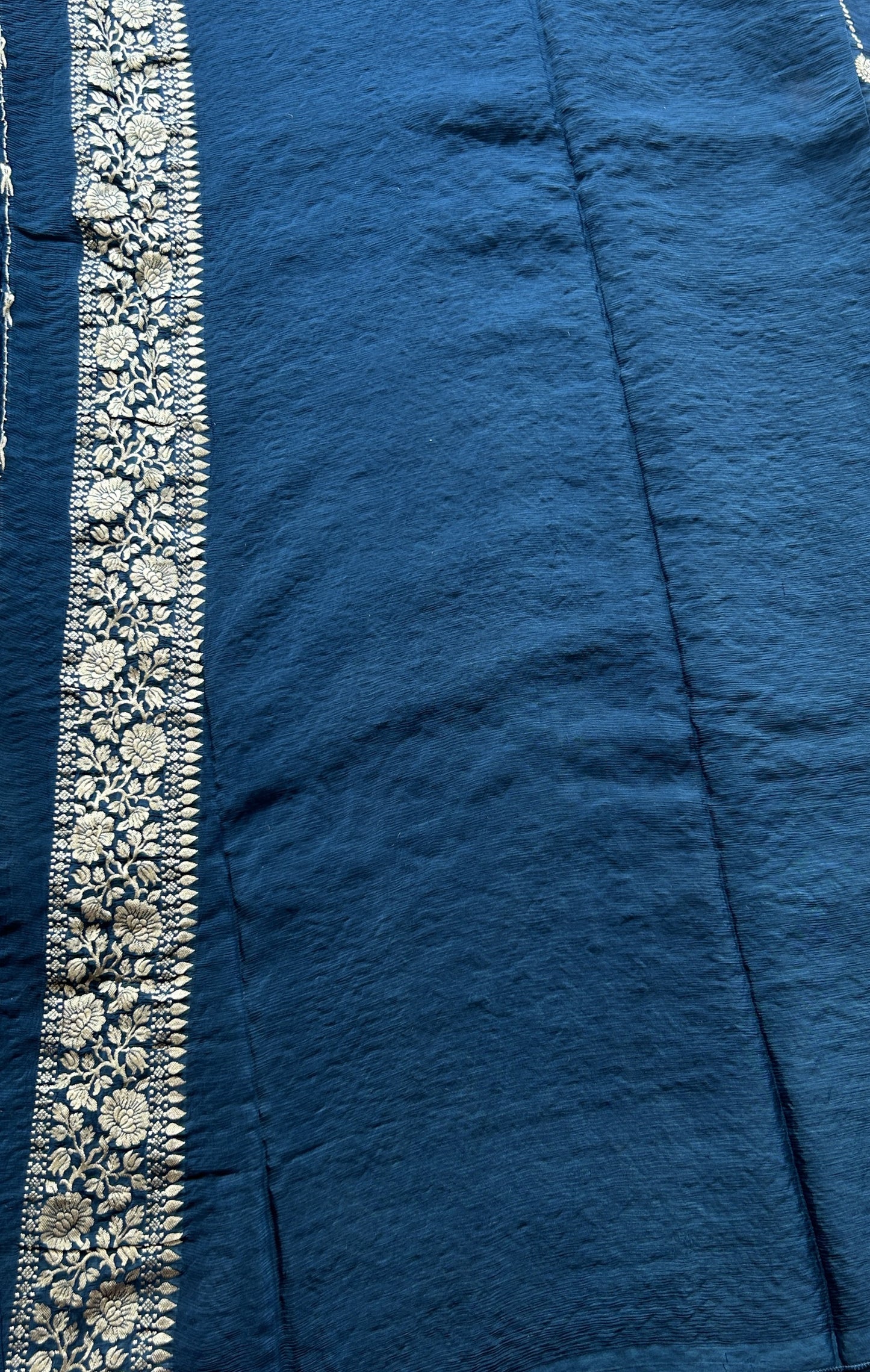 Semi Georgette Saree Peacock Blue Colored Paired with a Zari Border. - Sampradaya Designer Studio