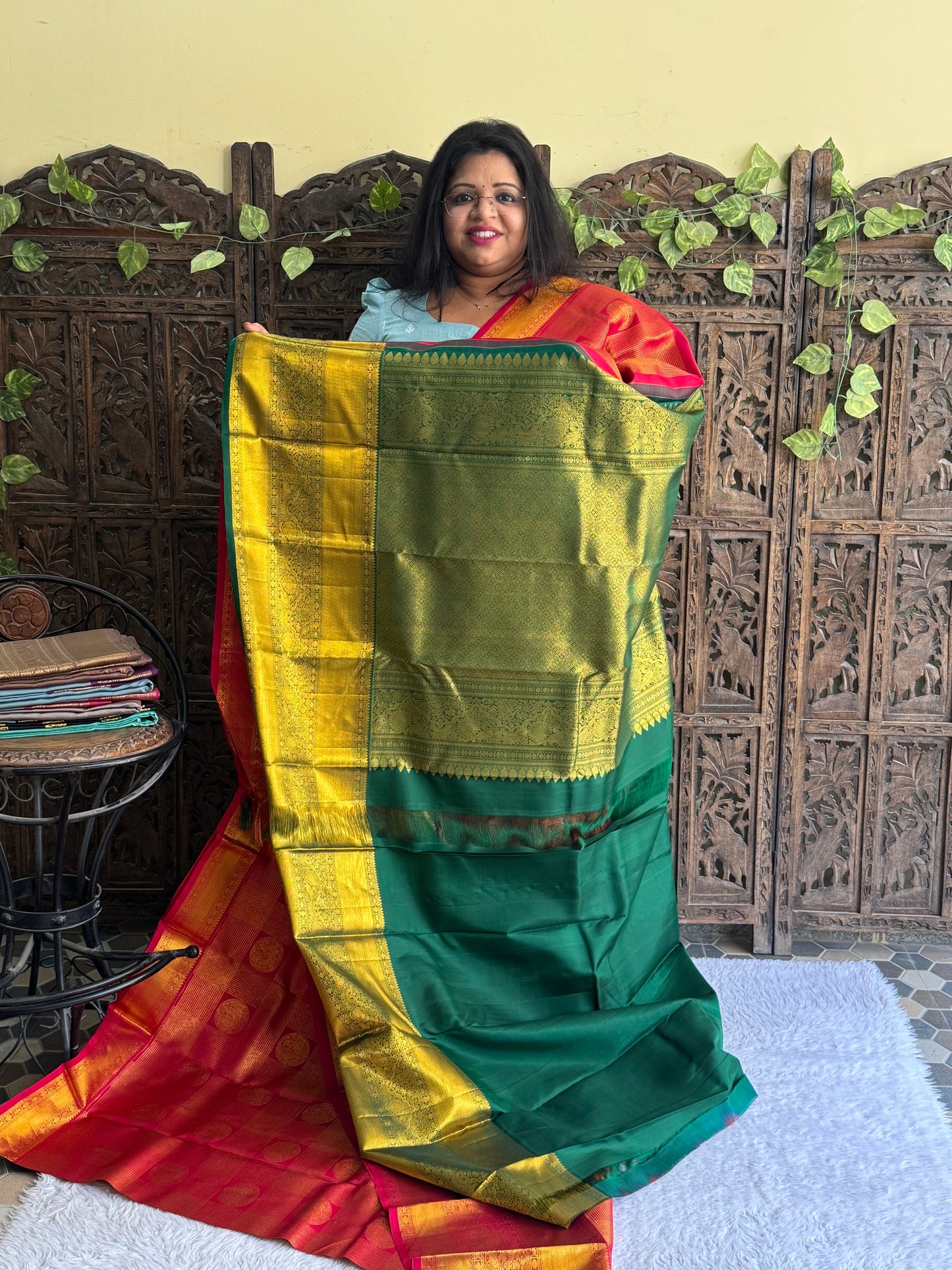 Pure Kanjivaram Silk Saree Dark Red Colored Elegantly Paid with a Gold Zari Border