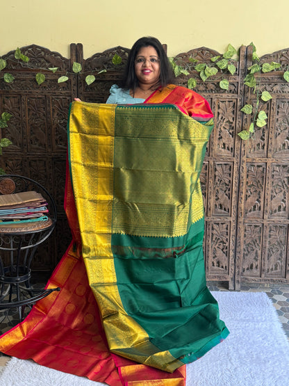 Pure Kanjivaram Silk Saree Dark Red Colored Elegantly Paid with a Gold Zari Border