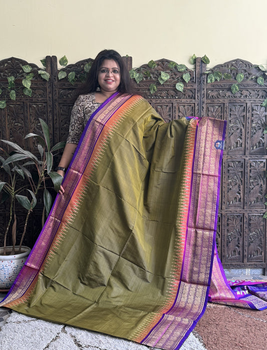 Ikkat Pattu Saree Olive Green colored complemented with a Kanchi border. - Sampradaya Designer Studio