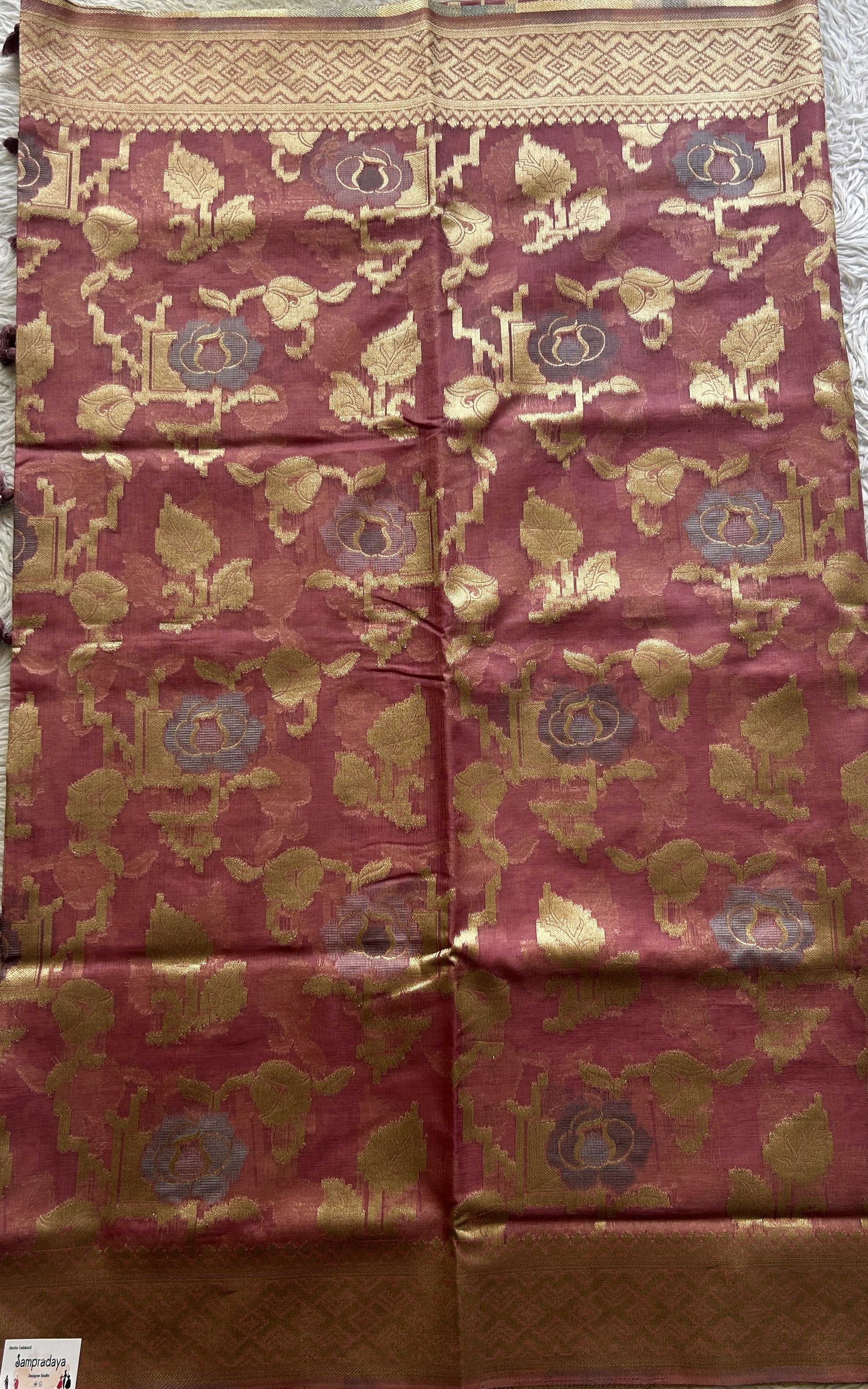 Semi Raw Silk Allover Saree Rose Pink Colored Exquisite with a Zari Border. - Sampradaya Designer Studio