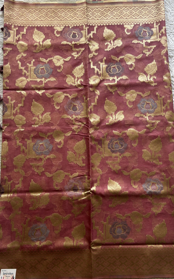 Semi Raw Silk Allover Saree Rose Pink Colored Exquisite with a Zari Border. - Sampradaya Designer Studio