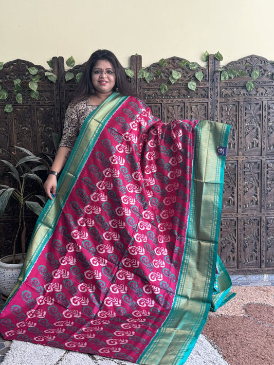 Ikkat Pattu Saree Dark Pink colored complemented with a Kanchi border. - Sampradaya Designer Studio