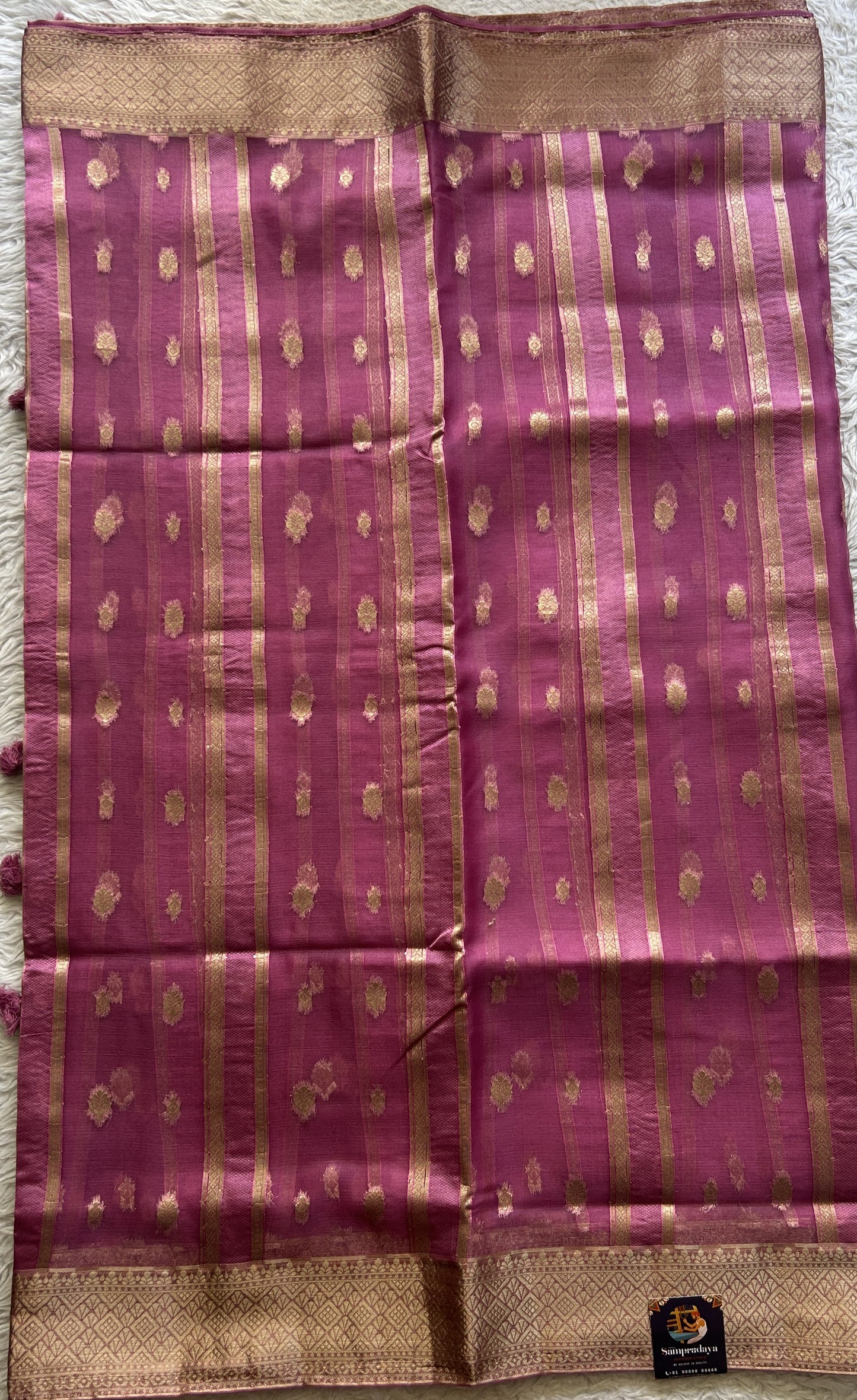 Semi Raw Silk Saree Dark Pink Colored Exquisite with a Zari Border. - Sampradaya Designer Studio