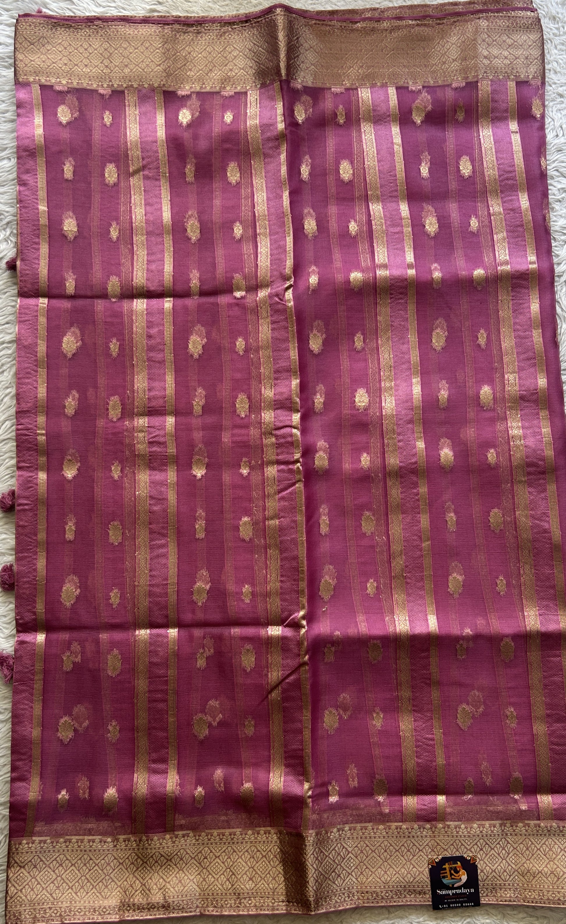 Semi Raw Silk Saree Dark Pink Colored Exquisite with a Zari Border. - Sampradaya Designer Studio