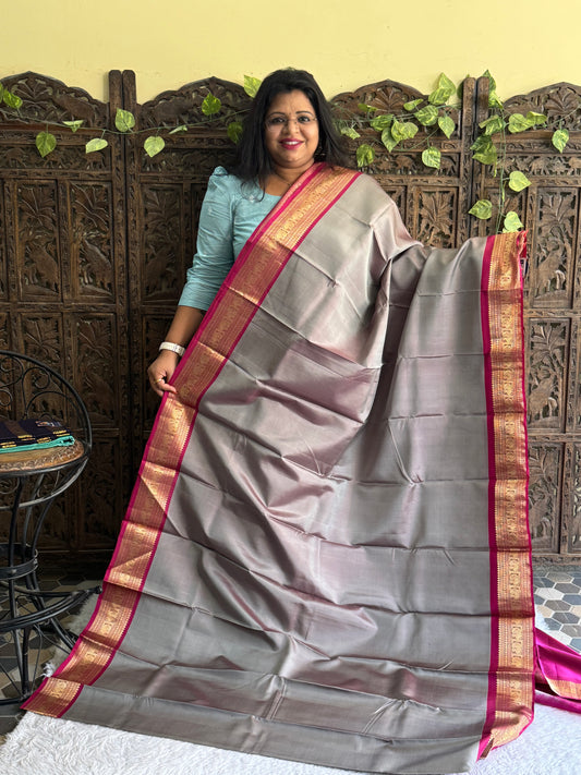 Pure Kanjivaram Silk Saree Light Gray Colored Elegantly Paid with a Gold Zari Border.