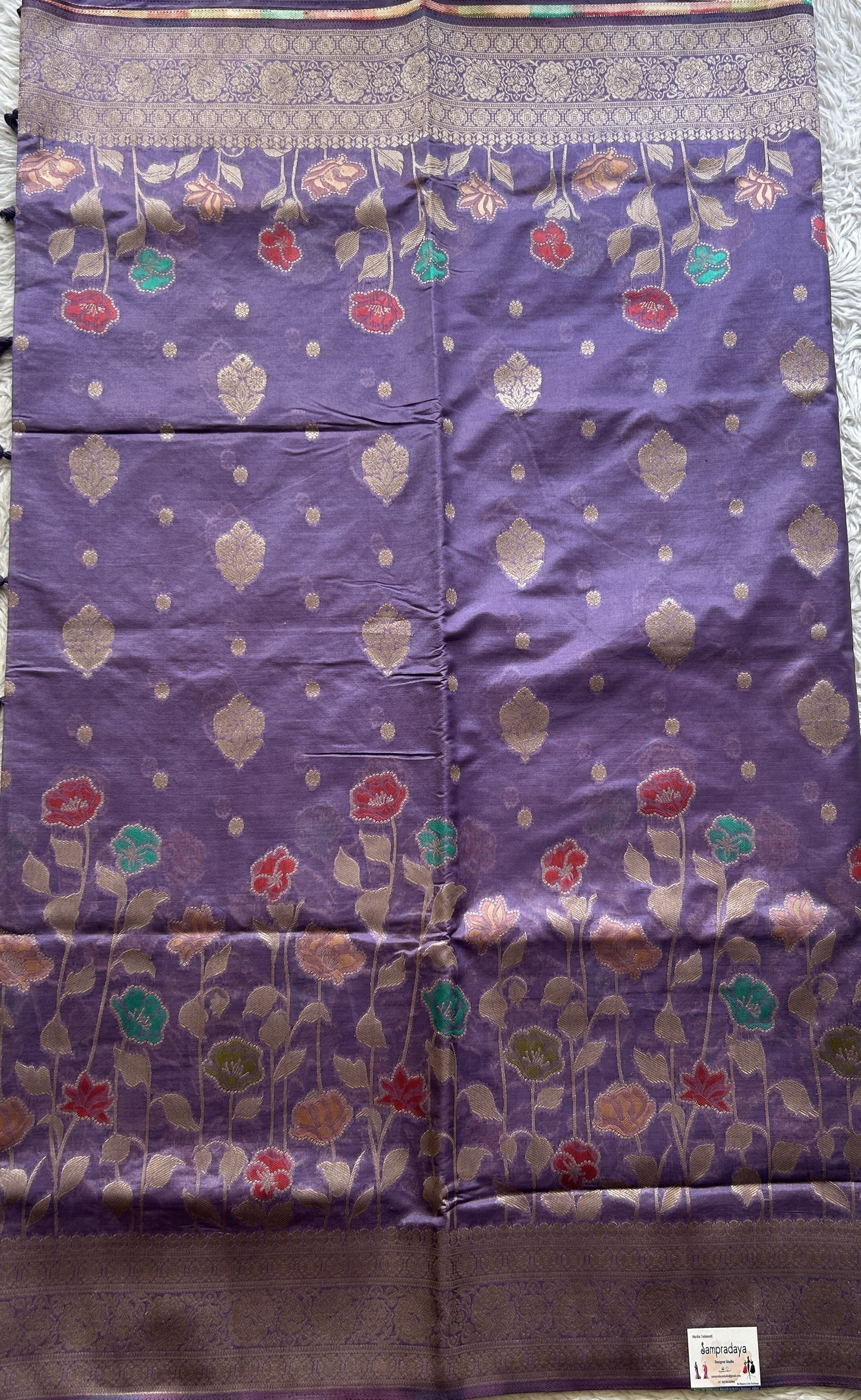 Semi Raw Silk Saree Lilac Colored Exquisite with a Zari Border. - Sampradaya Designer Studio