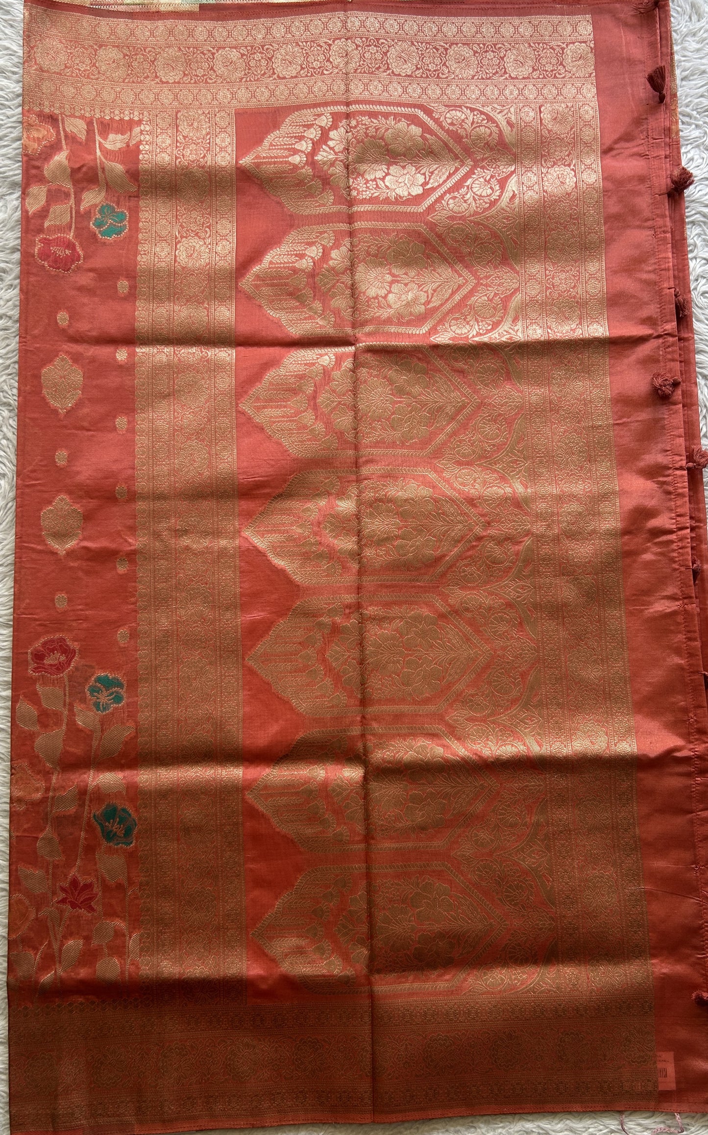 Semi Raw Silk Saree Dark Peach Colored Exquisite with a Zari Border. - Sampradaya Designer Studio