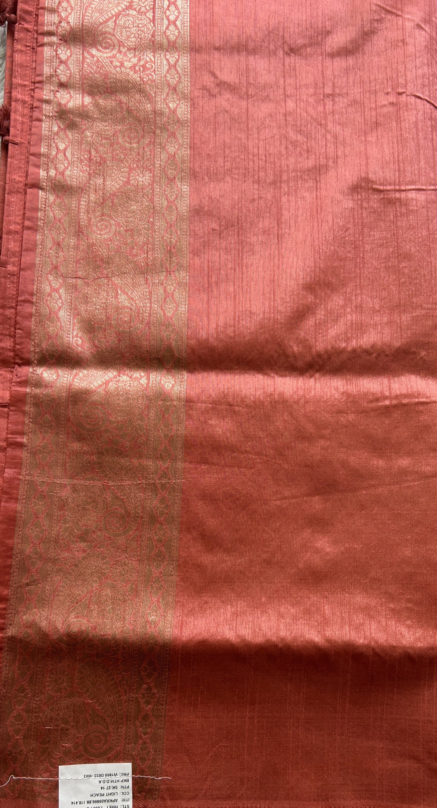 Semi Raw Silk Saree Dark Peach Colored Exquisite with a Zari Border. - Sampradaya Designer Studio