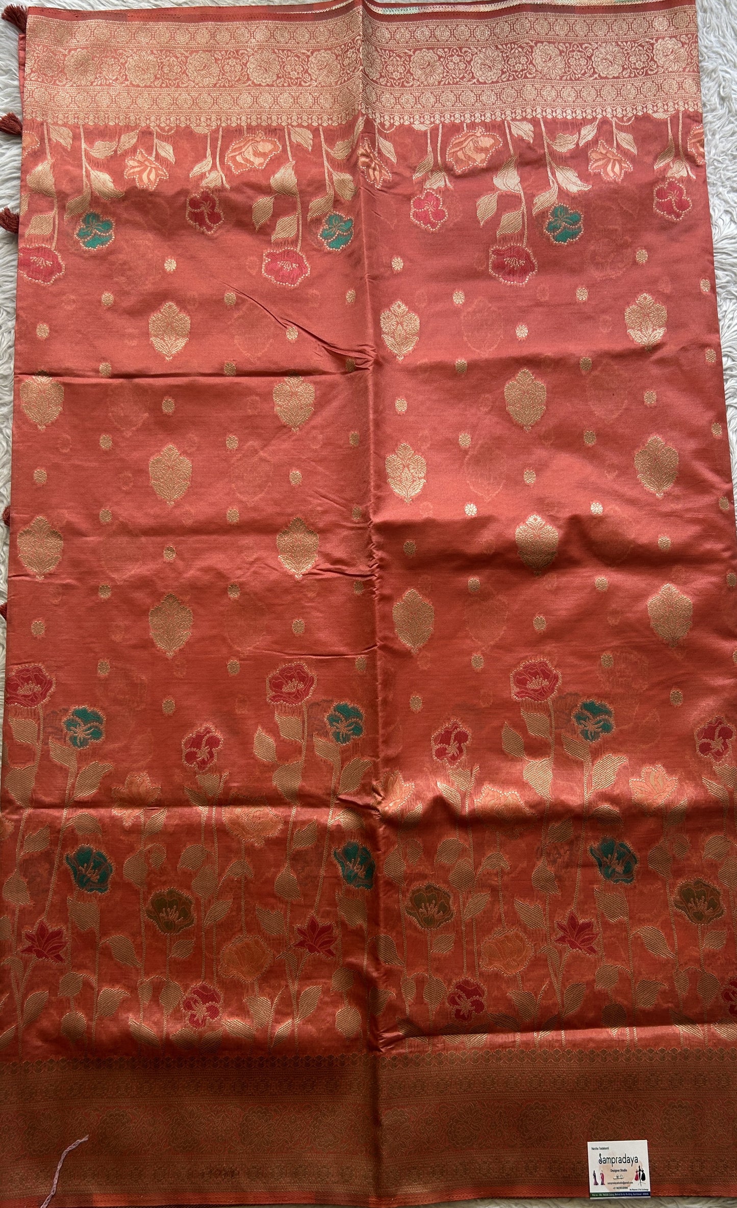 Semi Raw Silk Saree Dark Peach Colored Exquisite with a Zari Border. - Sampradaya Designer Studio