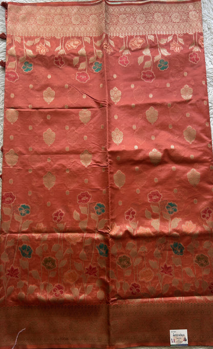 Semi Raw Silk Saree Dark Peach Colored Exquisite with a Zari Border. - Sampradaya Designer Studio