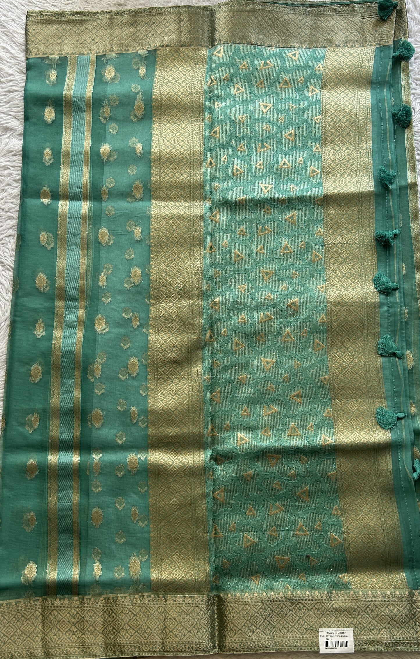 Semi Raw Silk Saree Jade Colored Exquisite with a Zari Border. - Sampradaya Designer Studio