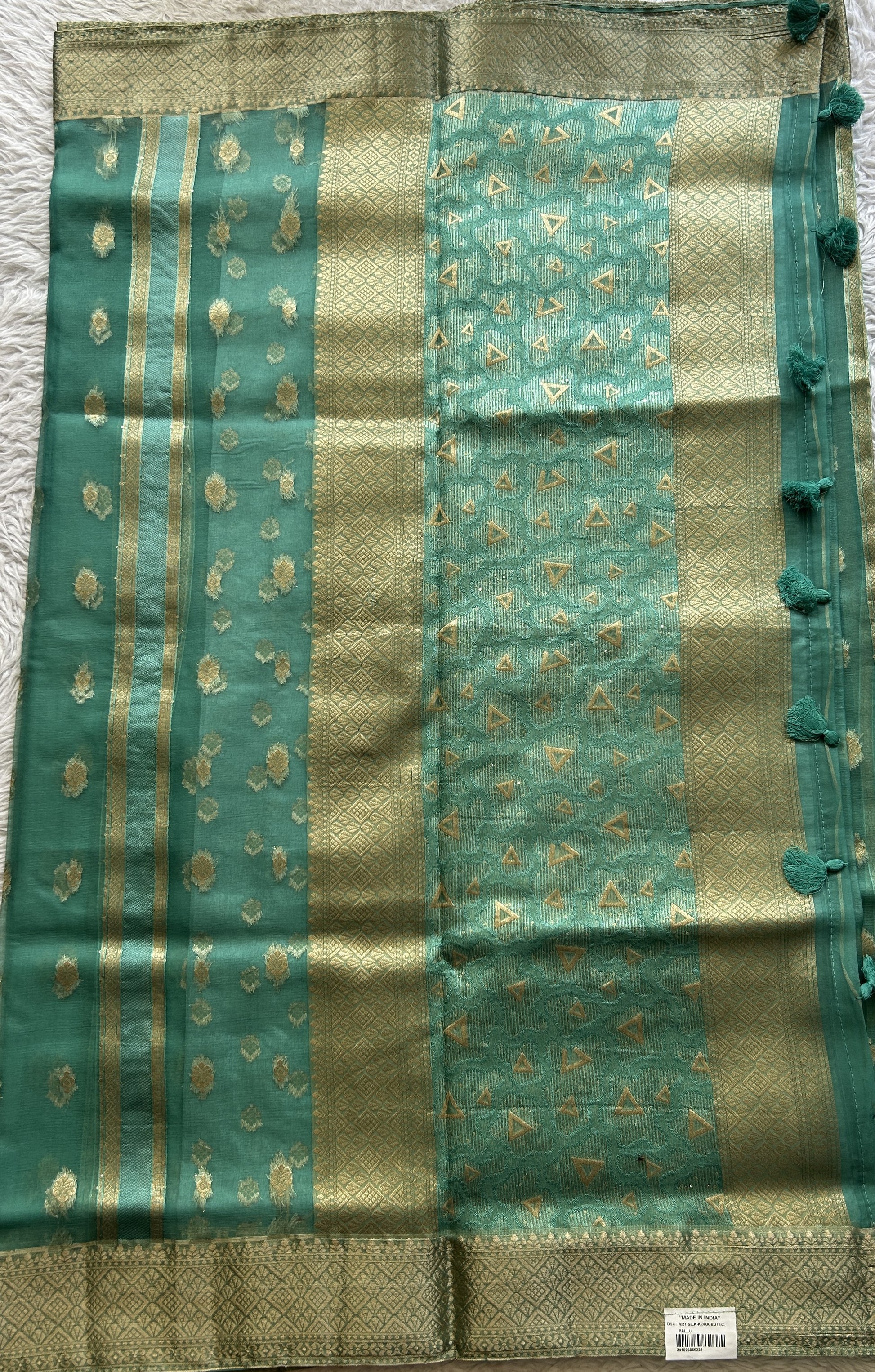 Semi Raw Silk Saree Jade Colored Exquisite with a Zari Border. - Sampradaya Designer Studio