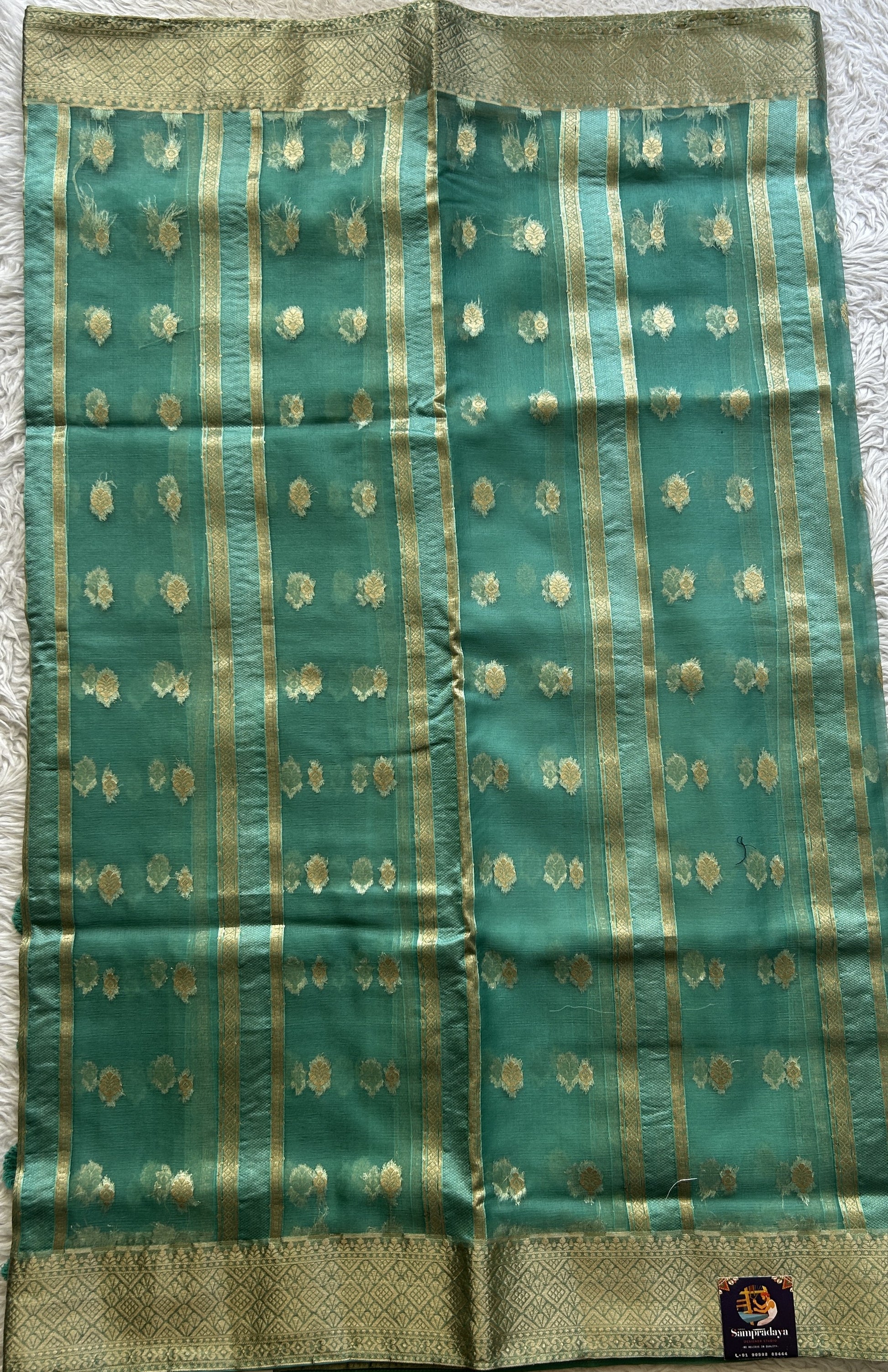 Semi Raw Silk Saree Jade Colored Exquisite with a Zari Border. - Sampradaya Designer Studio