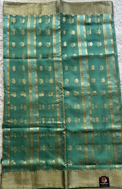 Semi Raw Silk Saree Jade Colored Exquisite with a Zari Border. - Sampradaya Designer Studio
