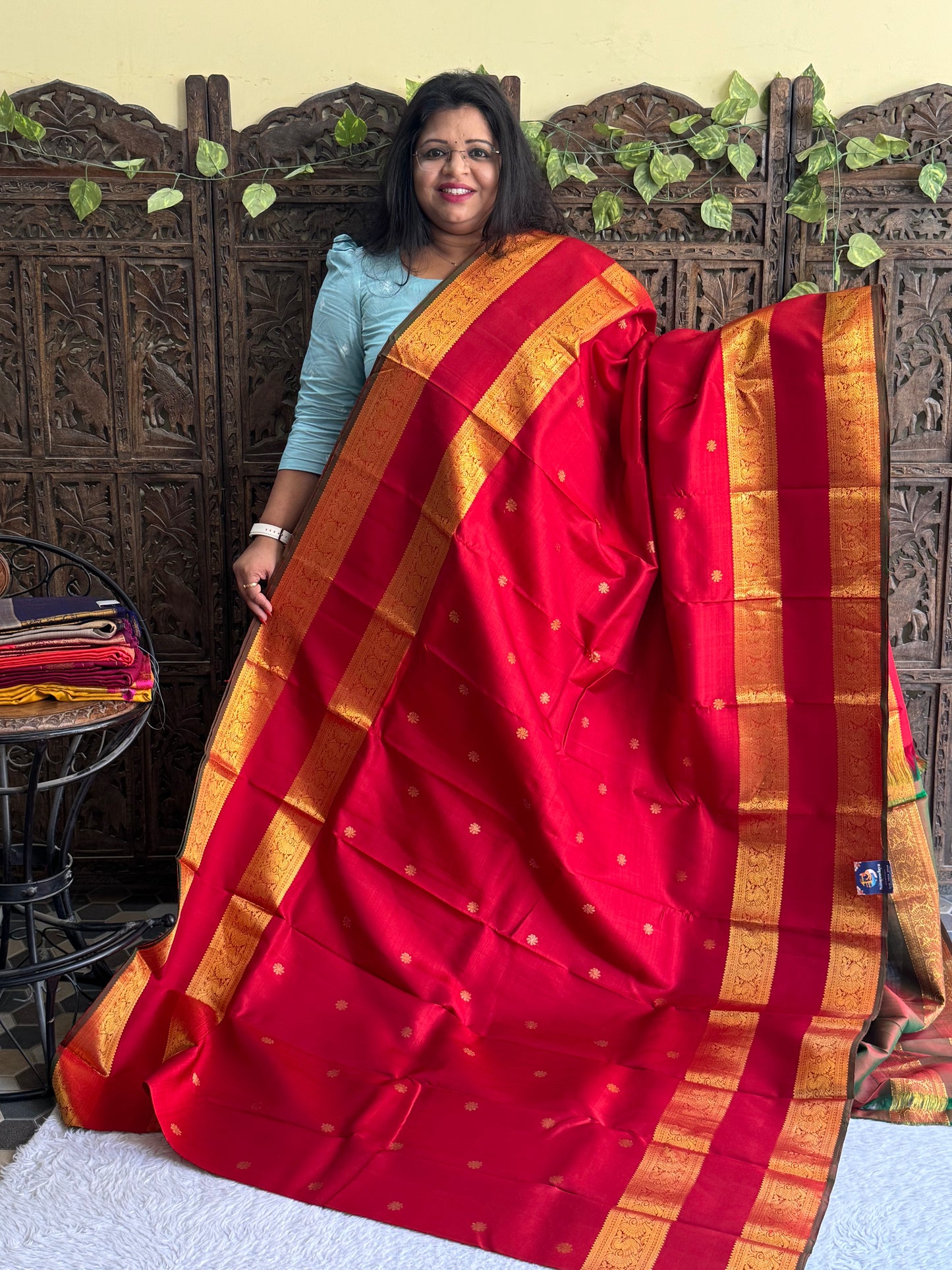 Pure Kanjivaram Silk Saree Cherry Red Colored Elegantly Paid with a Gold Zari Border