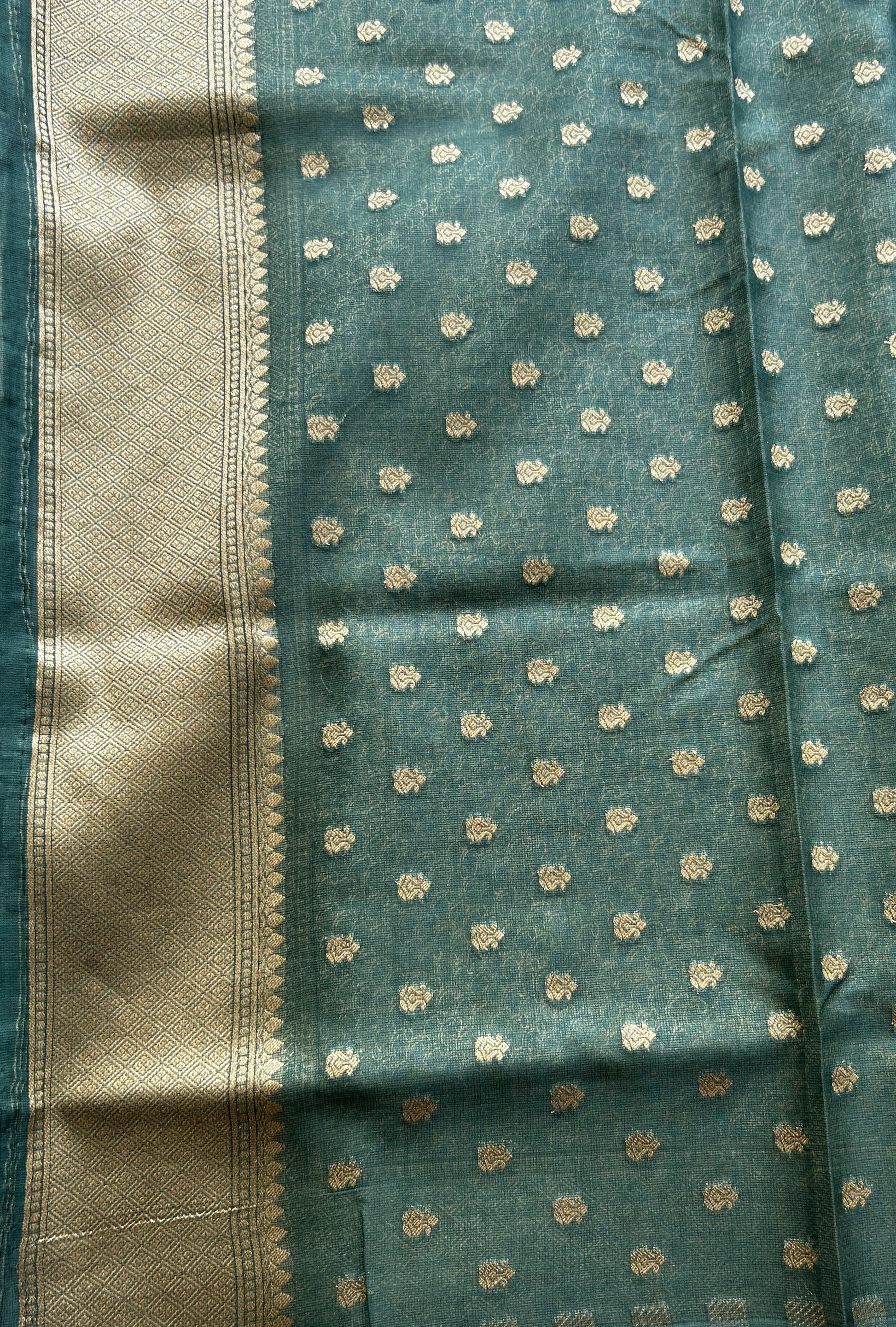 Semi Raw Silk Allover Saree Deep Sea Green Colored Exquisite with a Zari Border. - Sampradaya Designer Studio