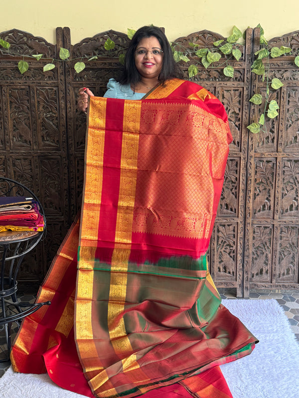 Pure Kanjivaram Silk Saree Cherry Red Colored Elegantly Paid with a Gold Zari Border - Sampradaya Designer Studio