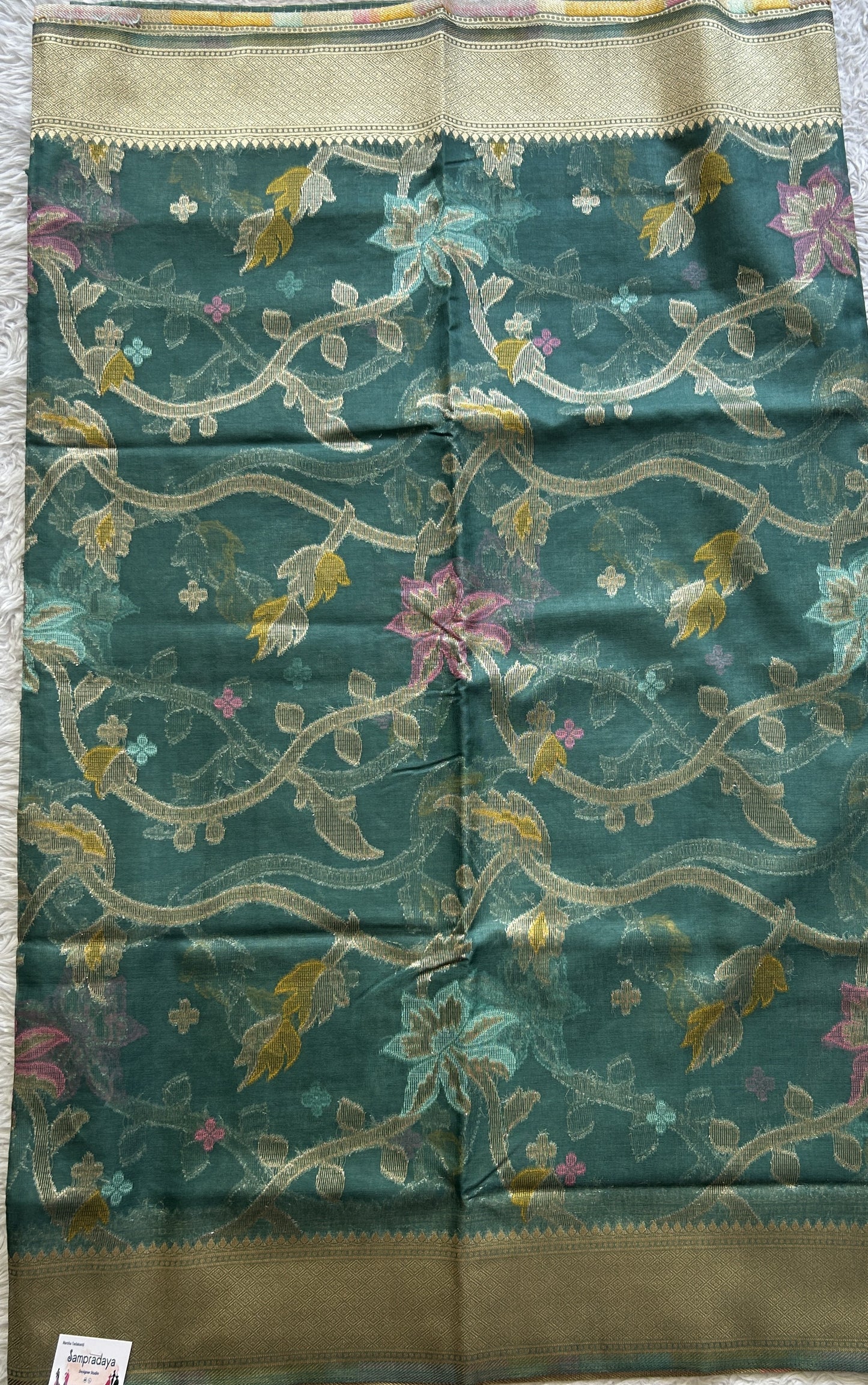 Semi Raw Silk Allover Saree Deep Sea Green Colored Exquisite with a Zari Border. - Sampradaya Designer Studio
