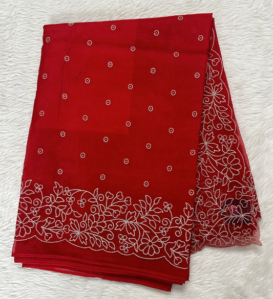 Soft Organza Designer Saree Red colored Saree complemented with a Machine Embroidery border. - Sampradaya Designer Studio