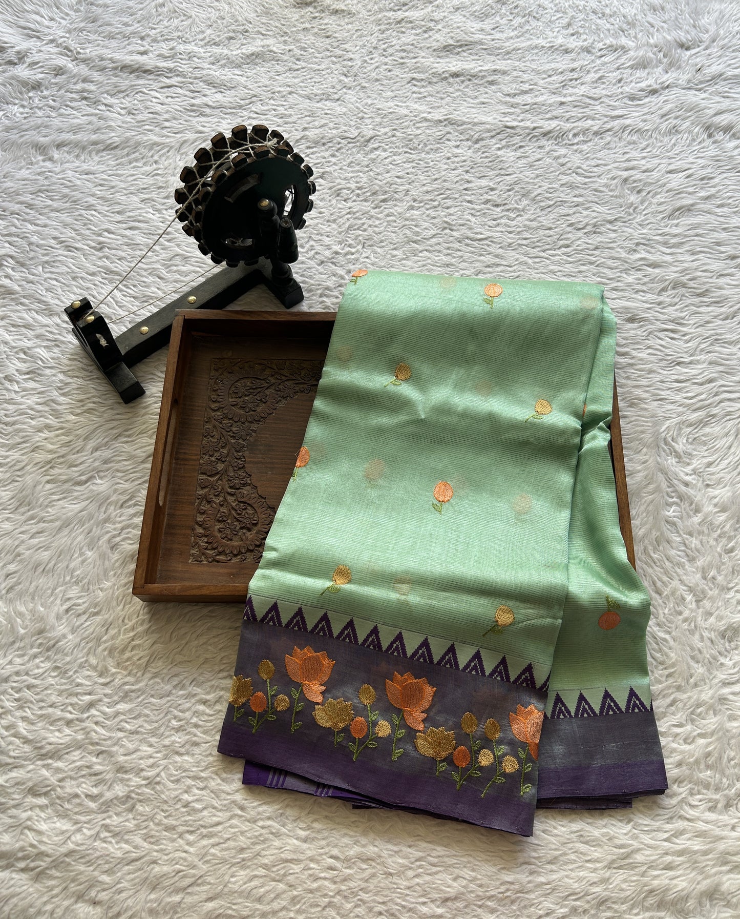 Mangalagiri Pattu Saree Light Green colored complemented with a Embroidery Border. - Sampradaya Designer Studio