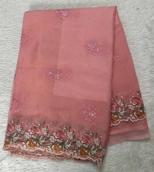 Soft Organza Designer Saree Light Pink colored Saree complemented with a Machine Embroidery border. - Sampradaya Designer Studio