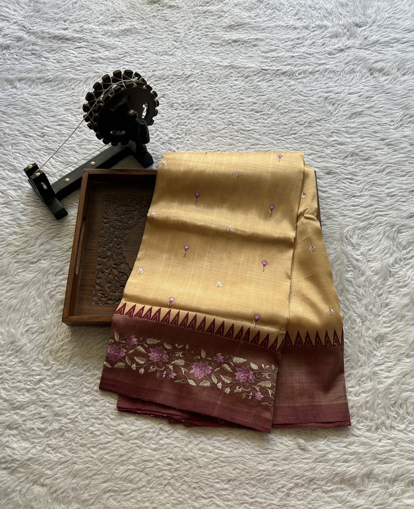 Mangalagiri Pattu Saree Cream colored complemented with a Embroidery Border. - Sampradaya Designer Studio