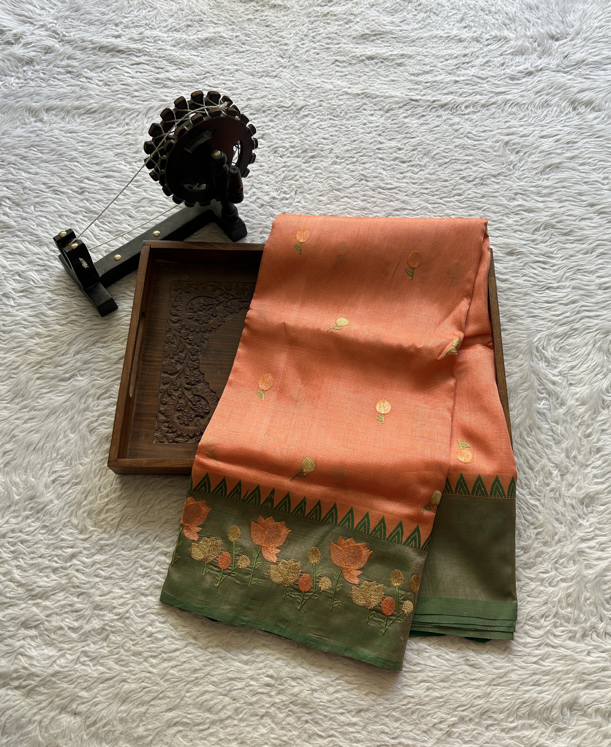 Mangalagiri Pattu Saree Peach colored complemented with a Embroidery Border. - Sampradaya Designer Studio