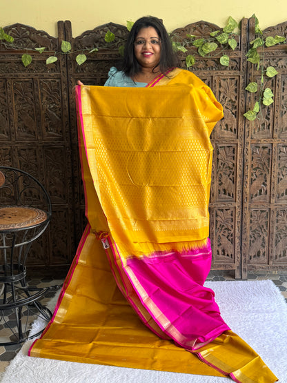 Pure Kanjivaram Silk Saree Yellow Colored Elegantly Paid with a Gold Zari Border.