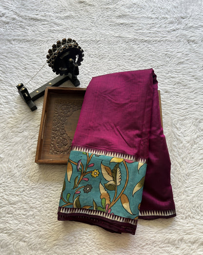 Mangalagiri Plain Pattu Saree Purple colored complemented with a Pen Kalamkari Border. - Sampradaya Designer Studio