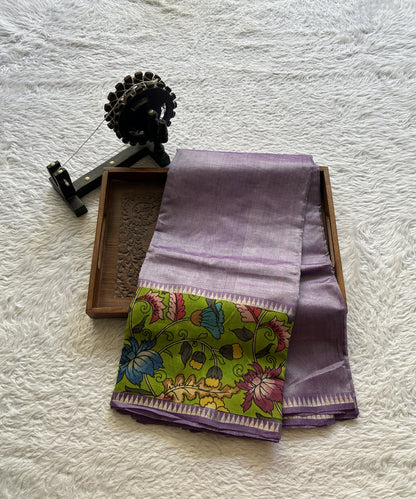 Mangalagiri Plain Pattu Saree Lavender colored complemented with a Pen Kalamkari Border. - Sampradaya Designer Studio