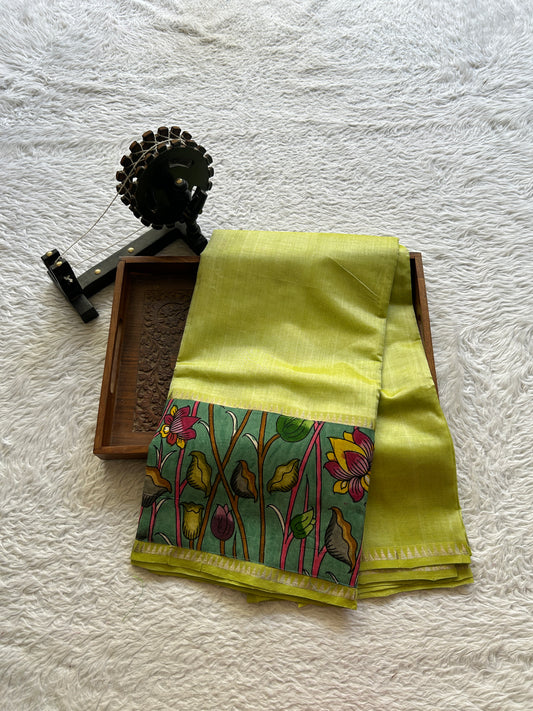 Mangalagiri Plain Pattu Saree Neon colored complemented with a Pen Kalamkari Border. - Sampradaya Designer Studio