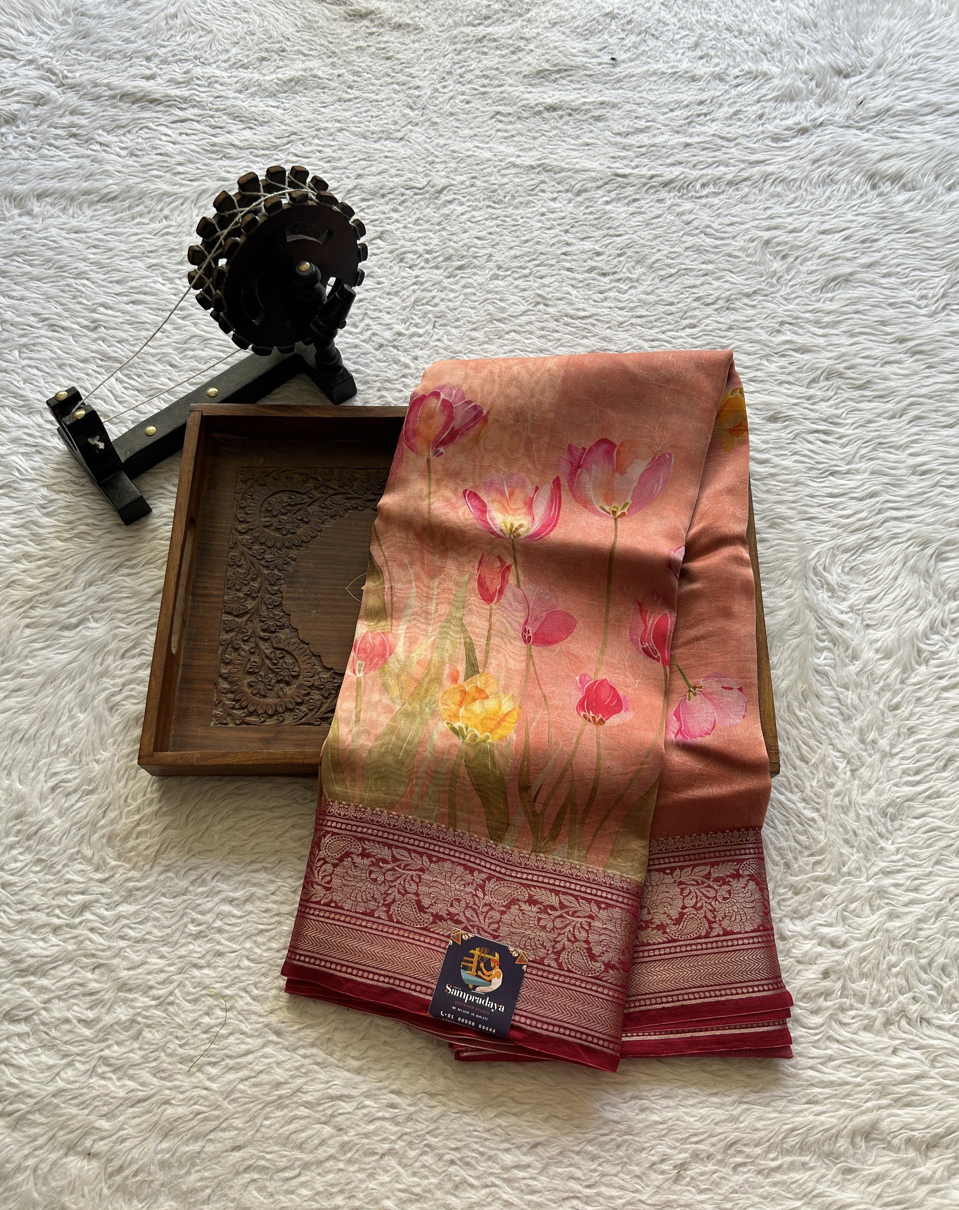 Soft Organza Designer Saree Peach colored Saree Paired with a Zari border. - Sampradaya Designer Studio