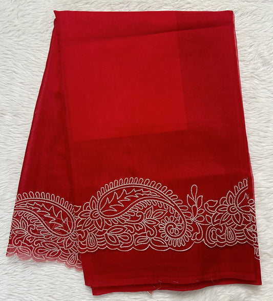 Soft Organza Designer Saree Red colored Saree complemented with a Machine Embroidery border. - Sampradaya Designer Studio